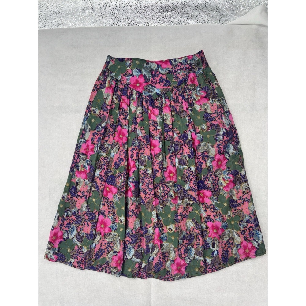 Vintage Bright Floral Cotton Midi Skirt Women Small Zip Pocket Pleated